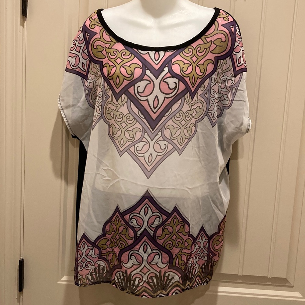 Dots Women’s Size L Top Blouse Pullover Hi-Lo Mixed Media Boho Sheer Front